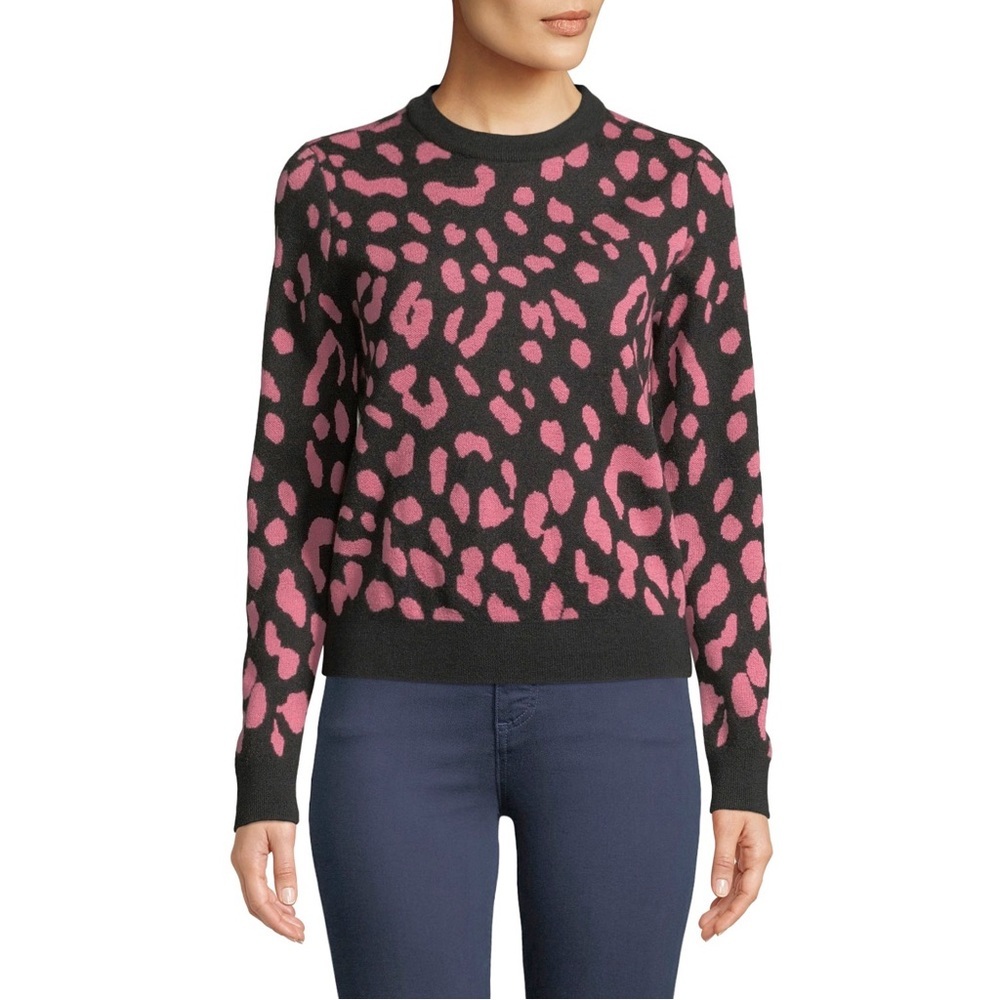 Alice + Olivia Chia Leopard Jacquard Crewneck Pullover In Black/ Rose